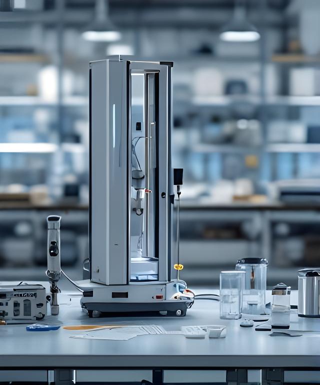 Equipo de laboratorio midiendo resistencia y granulometría de muestras de cemento sobre una mesa técnica