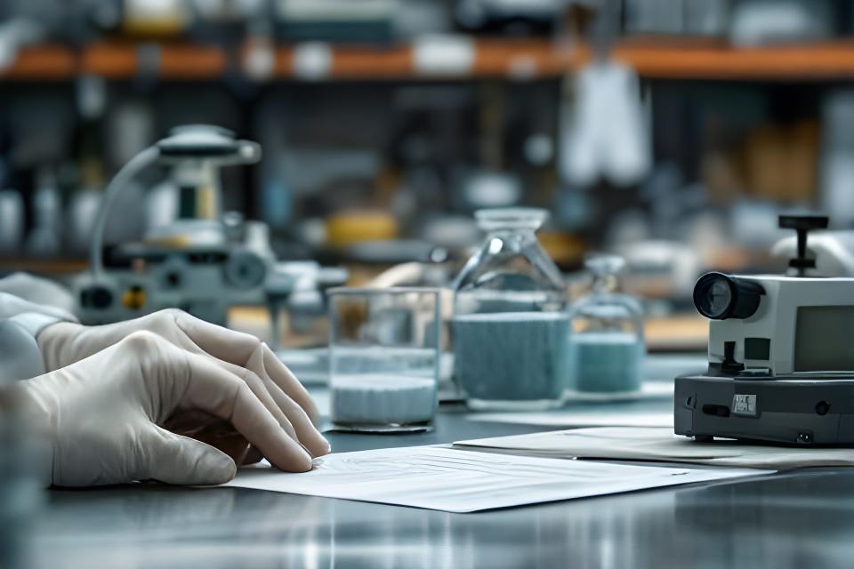 Técnicos controlando muestras de cemento en un laboratorio iluminado, con equipos de ensayo y planillas técnicas