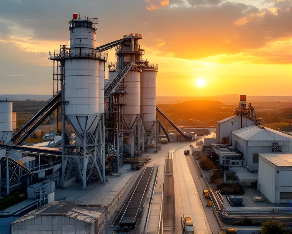 Silo industrial de cemento al atardecer con una planta ordenada y líneas de transporte en El Bolsón