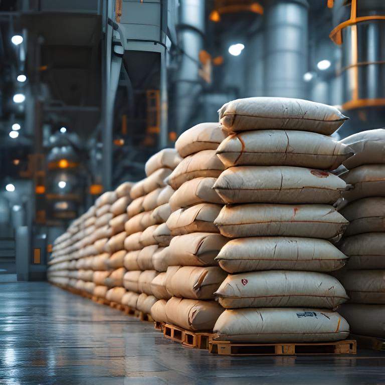 Sacos de cemento apilados en una planta industrial con luz suave y polvo en suspensión