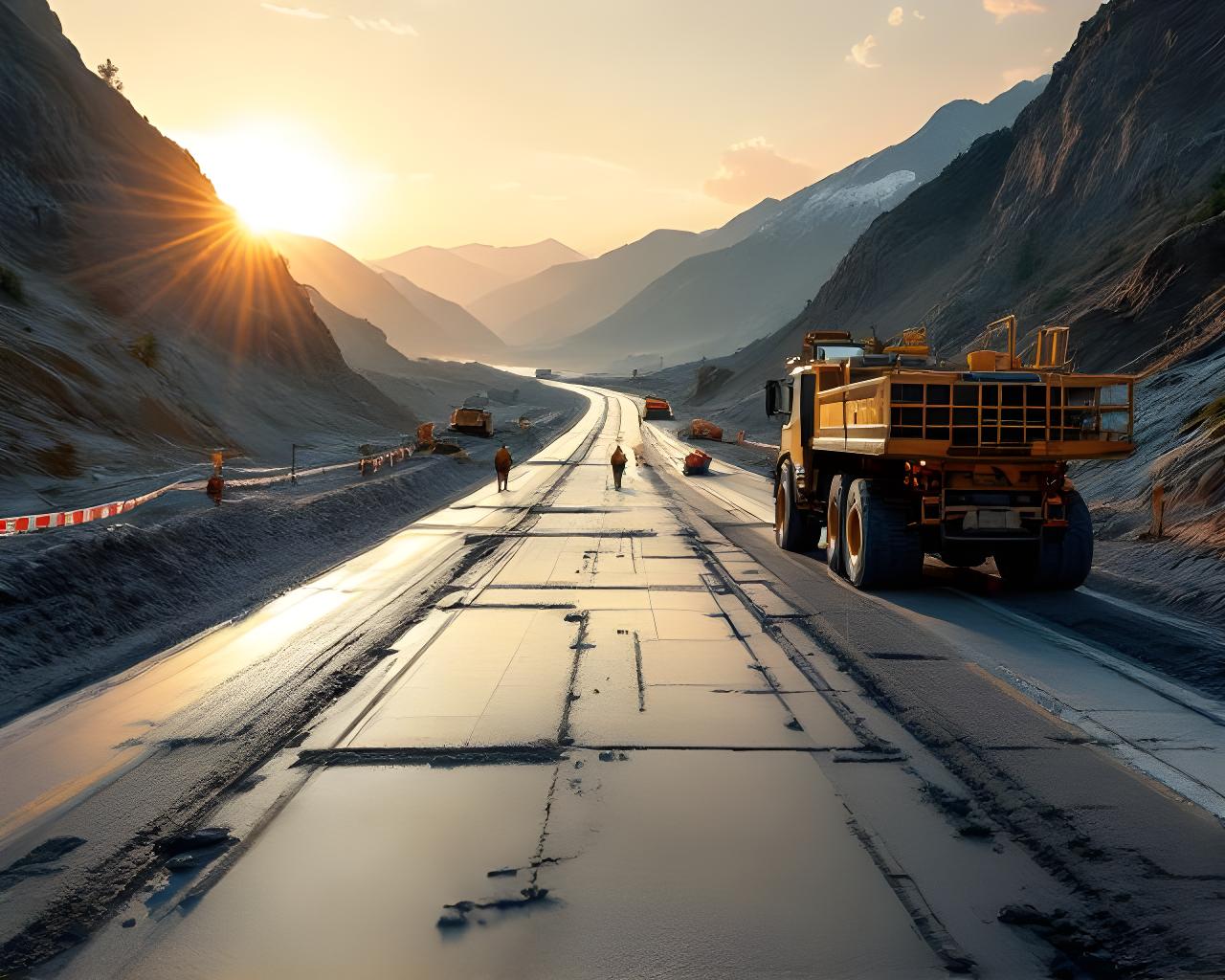 Obra vial en montaña con hormigón recién extendido y equipos trabajando al amanecer