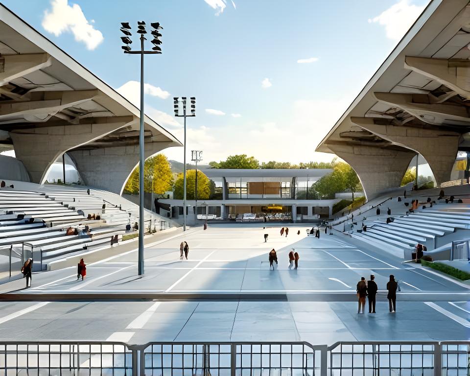 Centro deportivo municipal con tribunas, playón y estructura de hormigón en una tarde luminosa