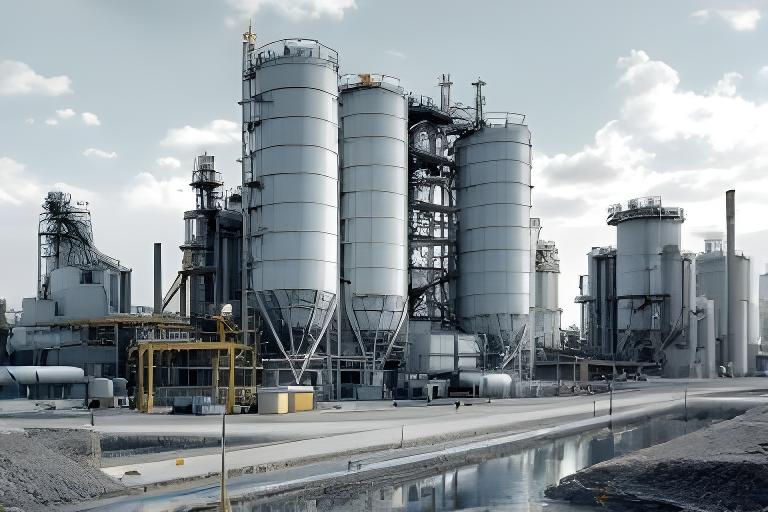 Vista lateral de una planta de cemento con silos, tolvas y caminos internos ordenados