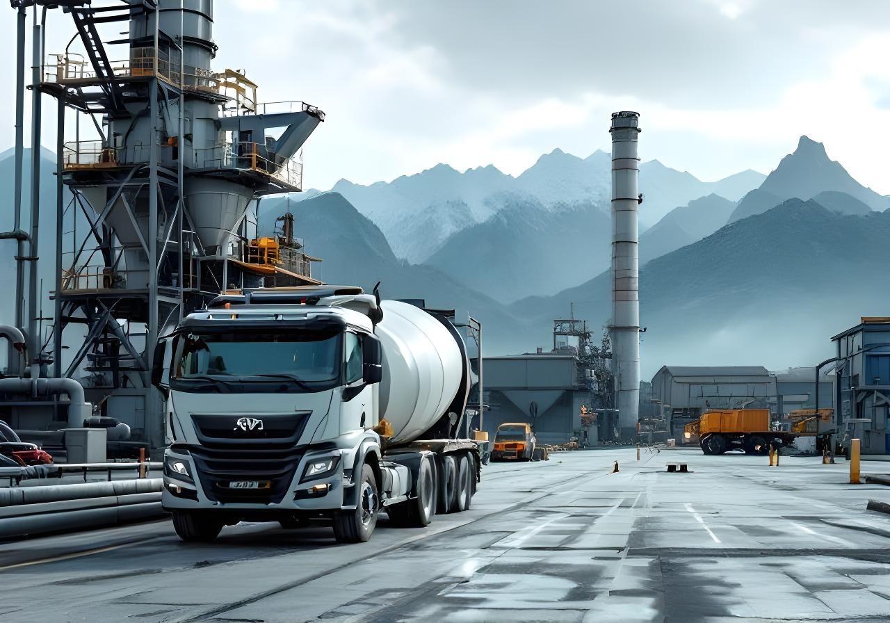Camión de distribución cargando cemento en una planta industrial con montañas al fondo